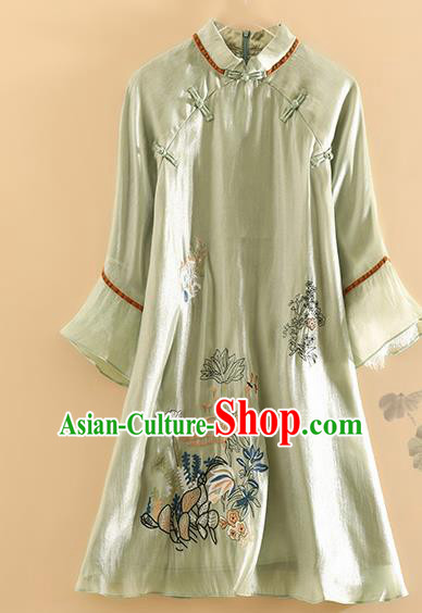 Chinese Traditional Tang Suit Embroidered Lotus Green Blouse National Costume Qipao Upper Outer Garment for Women