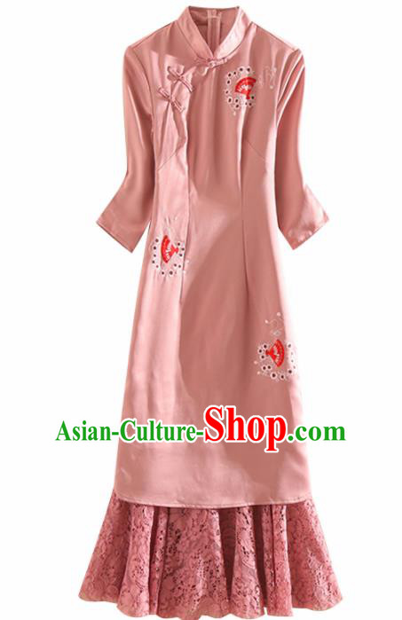 Chinese Traditional Tang Suit Embroidered Pink Lace Cheongsam National Costume Qipao Dress for Women