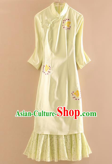 Chinese Traditional Tang Suit Embroidered Yellow Lace Cheongsam National Costume Qipao Dress for Women