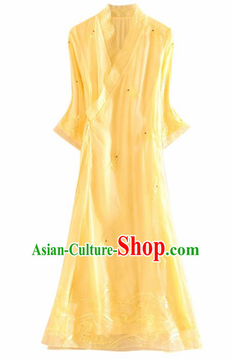 Chinese Traditional Tang Suit Embroidered Crane Yellow Organza Cheongsam National Costume Qipao Dress for Women