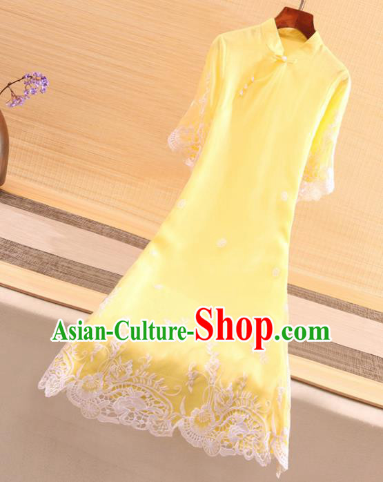 Chinese Traditional Tang Suit Embroidered Yellow Cheongsam National Costume Qipao Dress for Women