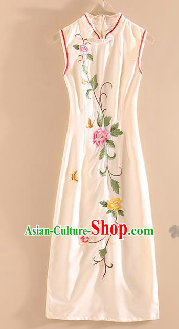 Chinese Traditional Tang Suit Embroidered Peony White Silk Cheongsam National Costume Qipao Dress for Women