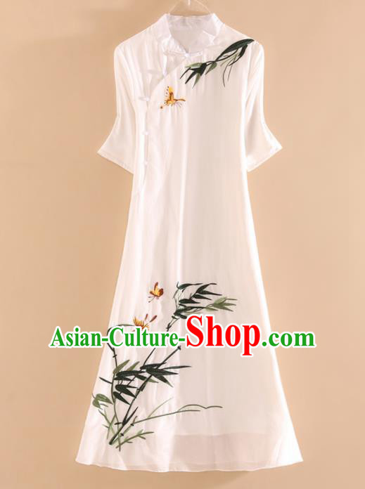 Chinese Traditional Tang Suit Embroidered Bamboo White Cheongsam National Costume Qipao Dress for Women