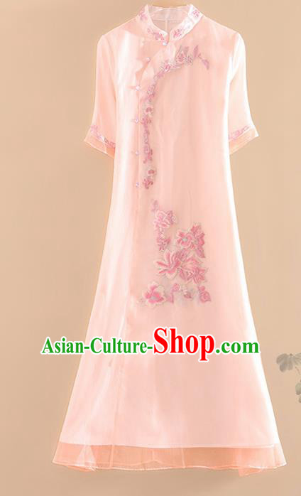 Chinese Traditional Tang Suit Embroidered Light Pink Cheongsam National Costume Qipao Dress for Women