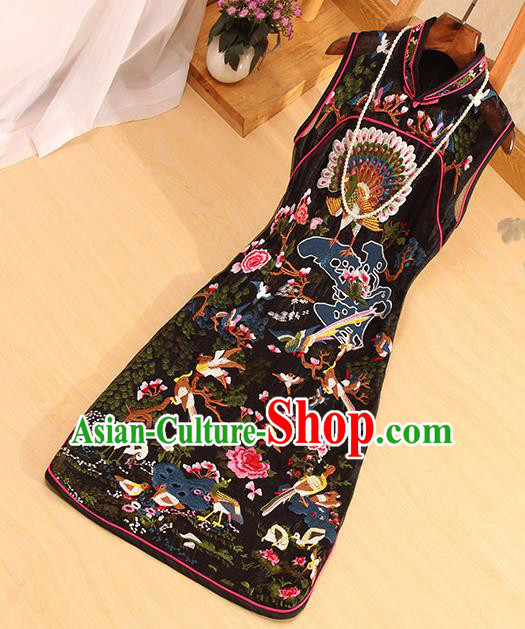 Traditional Chinese National Embroidered Peacock Birds Black Qipao Dress Tang Suit Cheongsam Costume for Women