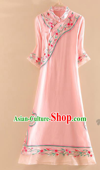 Chinese Traditional Tang Suit Embroidered Flowers Pink Cheongsam National Costume Qipao Dress for Women