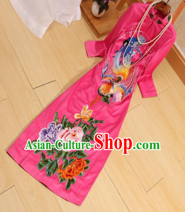 Traditional Chinese National Embroidered Phoenix Peony Rosy Qipao Dress Tang Suit Cheongsam Costume for Women