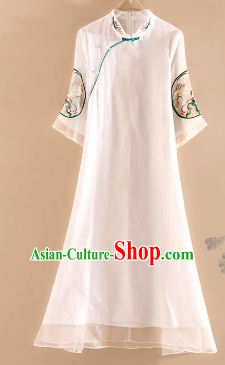 Chinese Traditional Tang Suit Embroidered White Organza Cheongsam National Costume Qipao Dress for Women