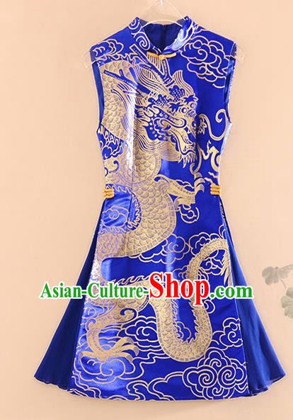 Chinese Traditional Tang Suit Royalblue Brocade Cheongsam National Costume Qipao Dress for Women