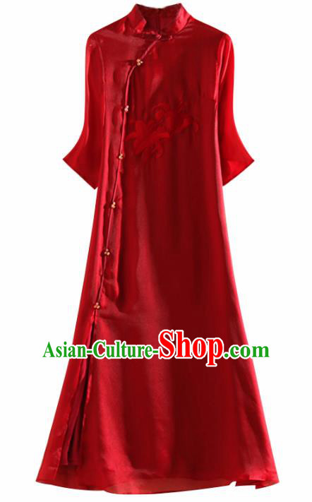 Chinese Traditional Tang Suit Embroidered Lily Flowers Red Organza Cheongsam National Costume Qipao Dress for Women