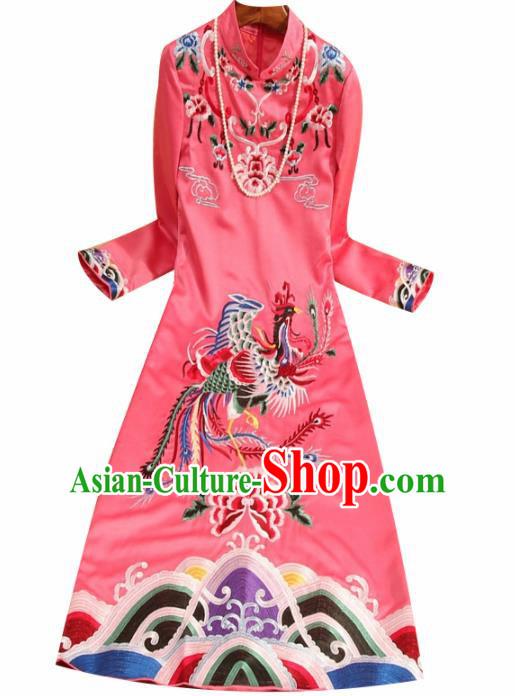 Traditional Chinese National Embroidered Phoenix Pink Qipao Dress Tang Suit Cheongsam Costume for Women