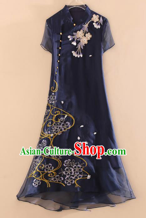 Chinese Traditional Tang Suit Embroidered Navy Organza Cheongsam National Costume Qipao Dress for Women