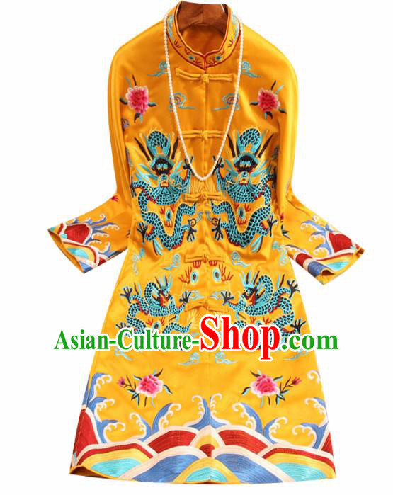 Chinese Traditional Tang Suit Embroidered Dragons Golden Coat National Costume Qipao Upper Outer Garment for Women