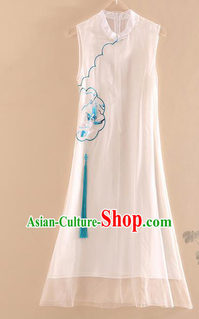 Chinese Traditional Tang Suit Embroidered Butterfly Plum White Cheongsam National Costume Qipao Dress for Women