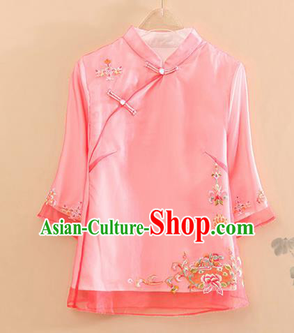 Chinese Traditional Tang Suit Embroidered Peach Pink Organza Blouse National Costume Qipao Upper Outer Garment for Women