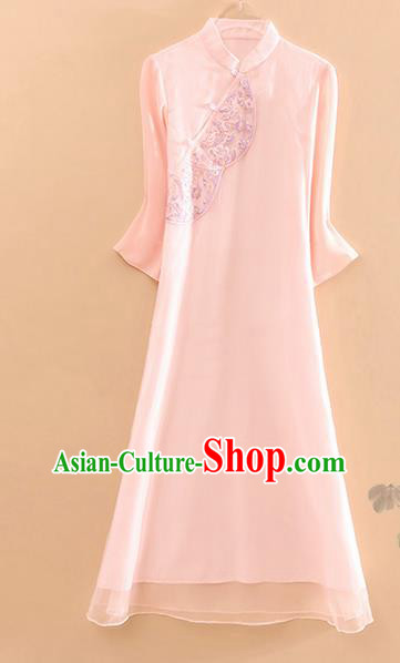 Traditional Chinese Tang Suit Embroidered Pink Cheongsam National Costume Qipao Dress for Women