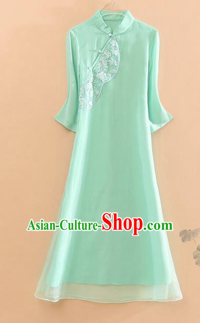 Traditional Chinese Tang Suit Embroidered Green Cheongsam National Costume Qipao Dress for Women