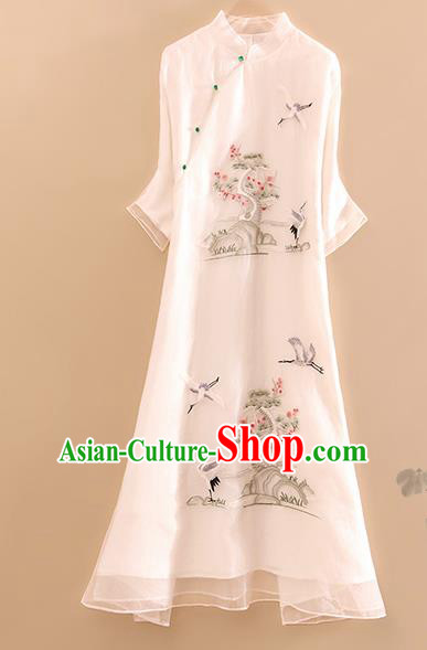 Traditional Chinese National Embroidered Pine Cranes White Qipao Dress Tang Suit Cheongsam Costume for Women