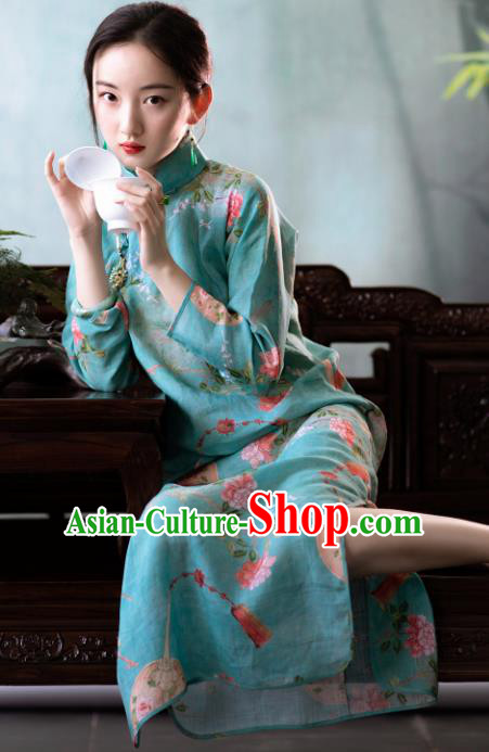 Traditional Chinese National Printing Blue Flax Qipao Dress Tang Suit Cheongsam Costume for Women