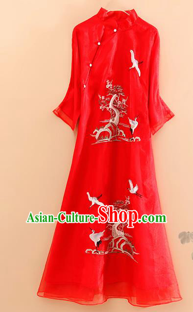 Traditional Chinese National Embroidered Pine Cranes Red Qipao Dress Tang Suit Cheongsam Costume for Women