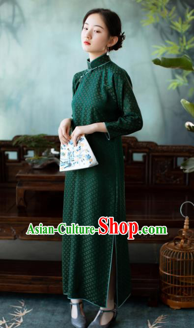 Traditional Chinese National Atrovirens Qipao Dress Tang Suit Cheongsam Costume for Women