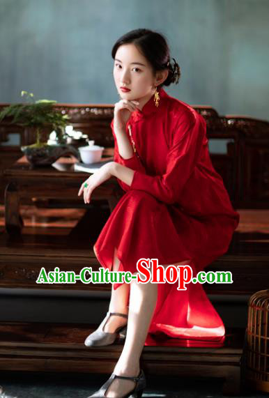 Traditional Chinese National Red Brocade Qipao Dress Tang Suit Cheongsam Costume for Women