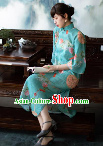 Traditional Chinese National Printing Peony Blue Flax Qipao Dress Tang Suit Cheongsam Costume for Women