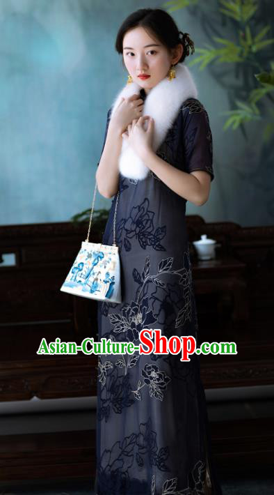 Traditional Chinese National Blue Velvet Qipao Dress Tang Suit Cheongsam Costume for Women