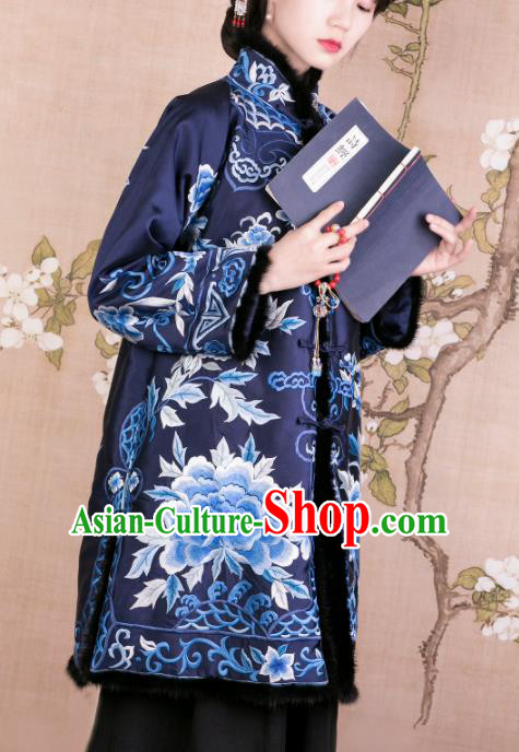 Chinese Traditional Tang Suit Royalblue Cotton Wadded Jacket National Costume Republic of China Qipao Upper Outer Garment for Women