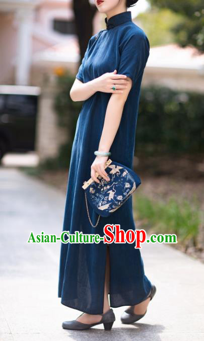 Traditional Chinese National Navy Blue Silk Qipao Dress Tang Suit Cheongsam Costume for Women