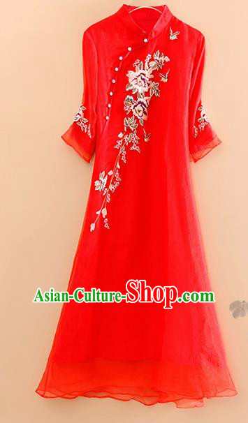 Traditional Chinese National Embroidered Peony Red Qipao Dress Tang Suit Cheongsam Costume for Women