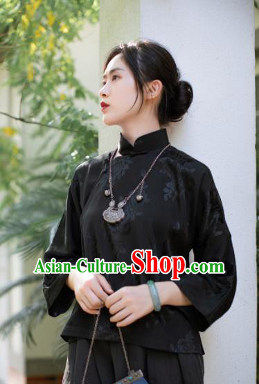 Chinese Traditional Tang Suit Black Blouse National Costume Republic of China Qipao Upper Outer Garment for Women