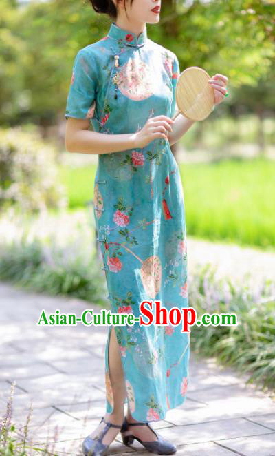 Traditional Chinese National Printing Plum Green Flax Qipao Dress Tang Suit Cheongsam Costume for Women