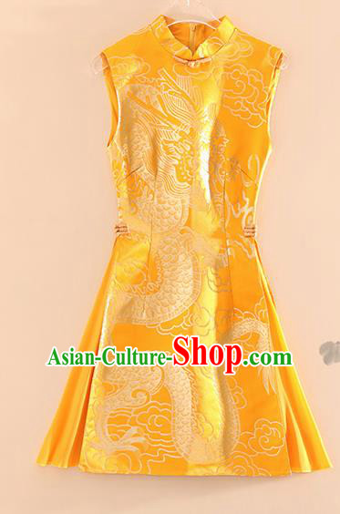 Chinese Traditional Tang Suit Golden Brocade Cheongsam National Costume Qipao Dress for Women