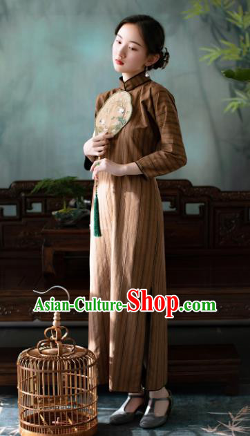Traditional Chinese National Khaki Silk Qipao Dress Tang Suit Cheongsam Costume for Women