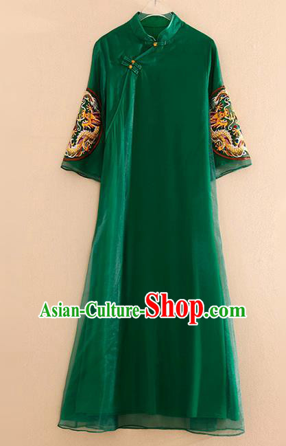 Traditional Chinese National Embroidered Dragon Green Organza Qipao Dress Tang Suit Cheongsam Costume for Women