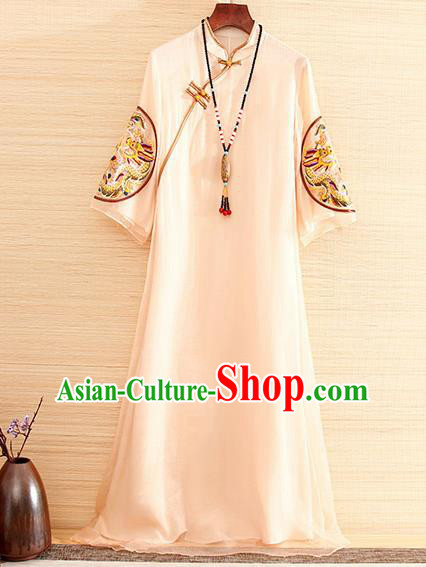 Traditional Chinese National Embroidered Dragon Apricot Organza Qipao Dress Tang Suit Cheongsam Costume for Women