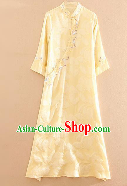 Traditional Chinese National Embroidered Yellow Qipao Dress Tang Suit Cheongsam Costume for Women