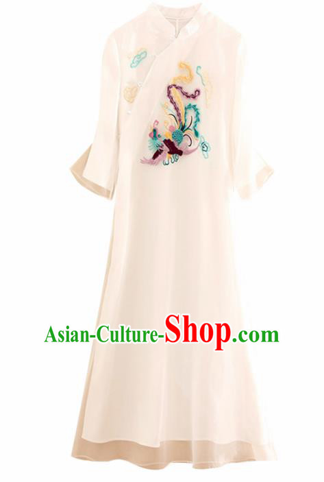 Traditional Chinese National Embroidered Phoenix White Qipao Dress Tang Suit Cheongsam Costume for Women