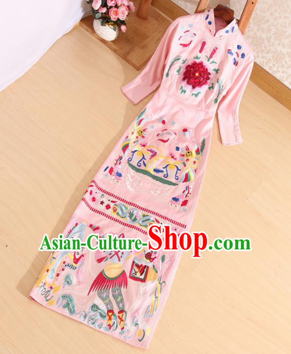 Traditional Chinese National Embroidered Pink Brocade Qipao Dress Tang Suit Cheongsam Costume for Women