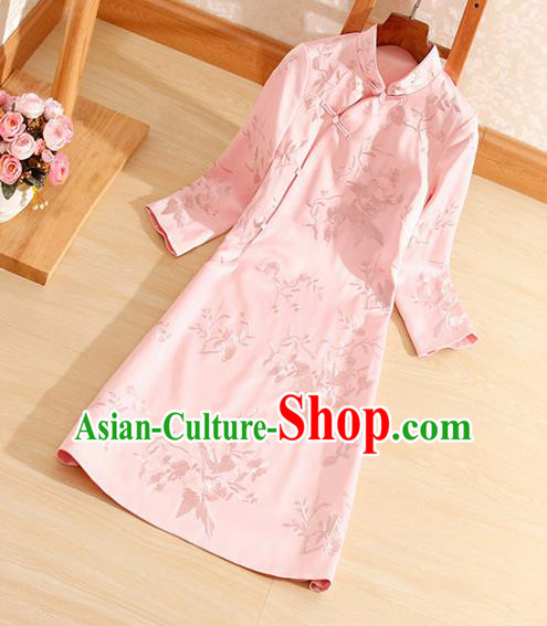 Traditional Chinese National Embroidered Pink Qipao Dress Tang Suit Cheongsam Costume for Women