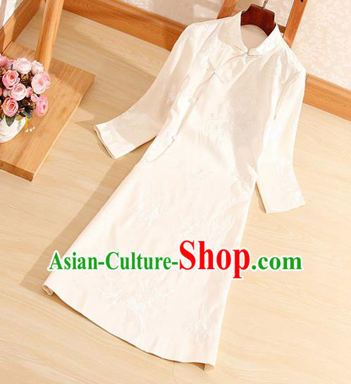 Traditional Chinese National Embroidered White Qipao Dress Tang Suit Cheongsam Costume for Women