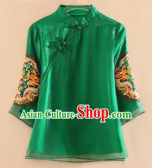 Chinese Traditional Tang Suit Embroidered Dragon Green Organza Blouse National Costume Qipao Upper Outer Garment for Women