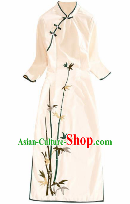 Traditional Chinese National Embroidered Bamboo White Qipao Dress Tang Suit Cheongsam Costume for Women