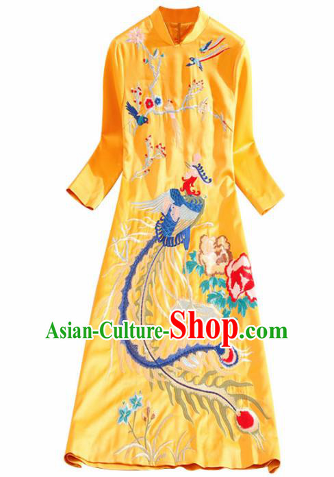 Traditional Chinese National Embroidered Phoenix Plum Golden Qipao Dress Tang Suit Cheongsam Costume for Women