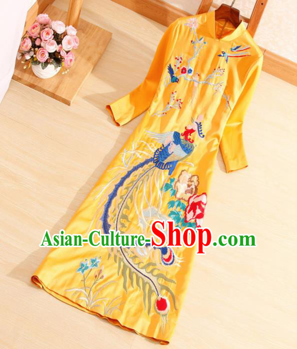 Traditional Chinese National Embroidered Phoenix Plum Golden Qipao Dress Tang Suit Cheongsam Costume for Women