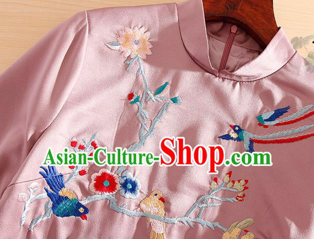 Traditional Chinese National Embroidered Phoenix Plum Pink Qipao Dress Tang Suit Cheongsam Costume for Women