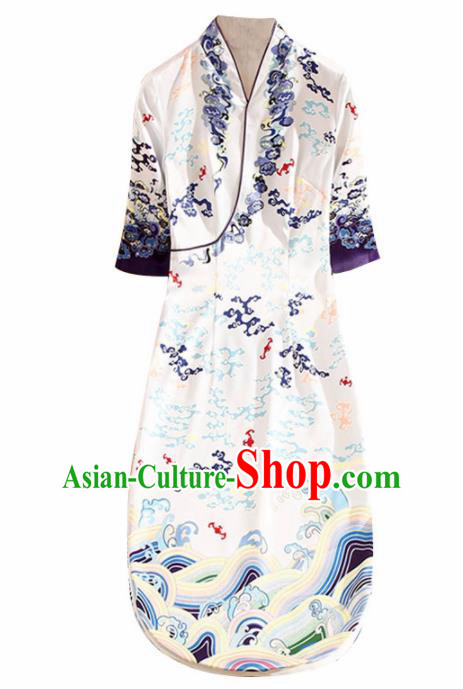 Traditional Chinese National Printing White Qipao Dress Tang Suit Cheongsam Costume for Women