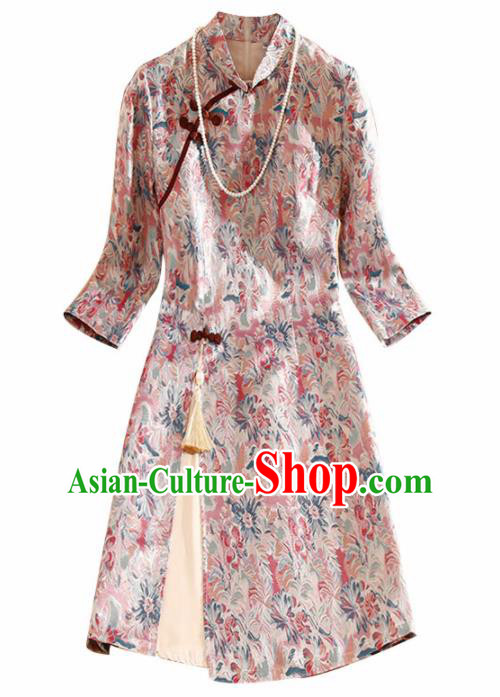 Traditional Chinese National Pink Brocade Qipao Dress Tang Suit Cheongsam Costume for Women