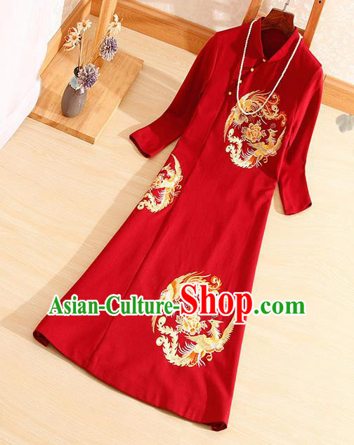 Traditional Chinese National Embroidered Phoenix Peony Red Qipao Dress Tang Suit Cheongsam Costume for Women